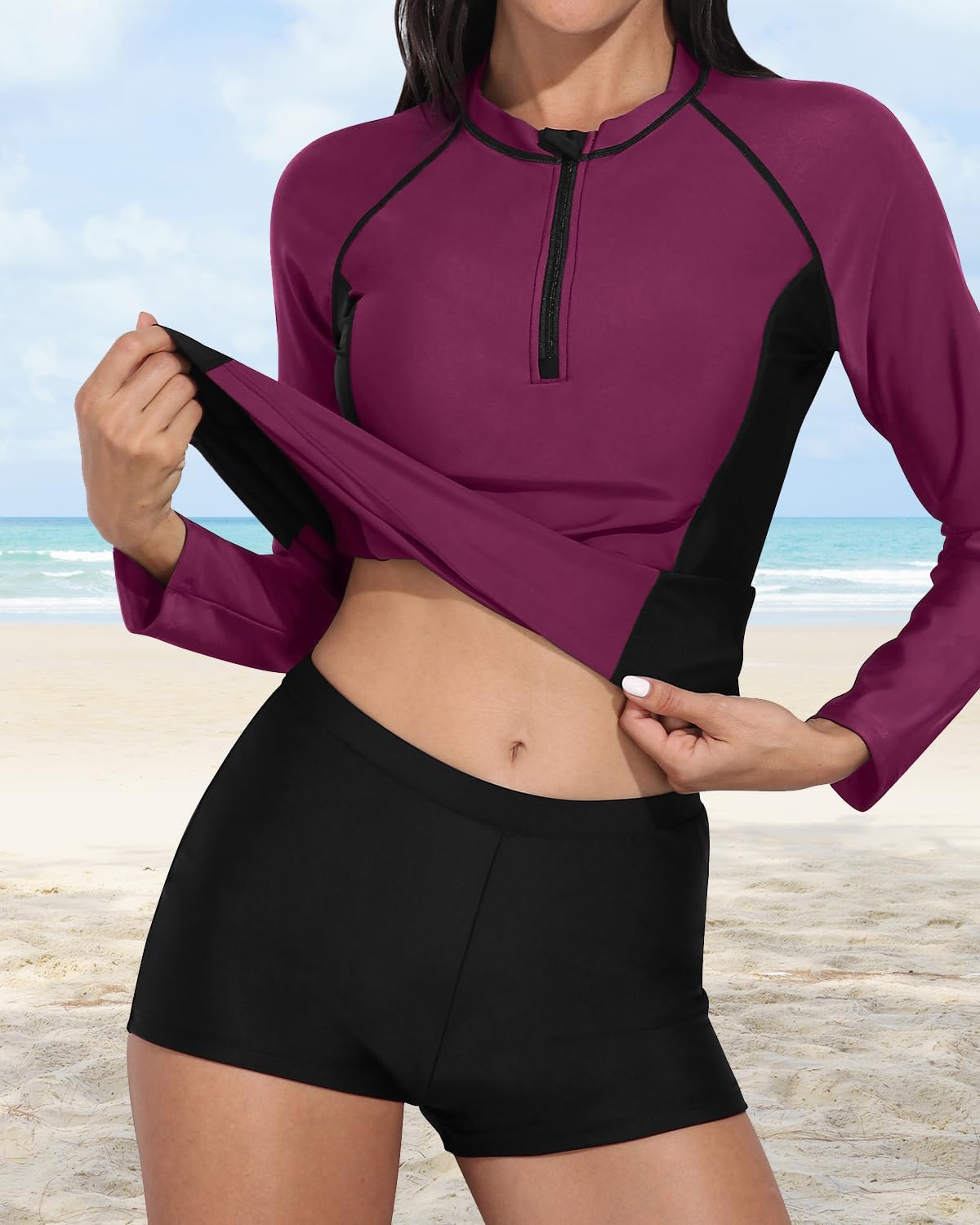 Daci Women Long Sleeve Rash Guard 2 Piece with Boy Shorts Zipper Swimsuit UPF 50 Bathing Suit for Women (large)