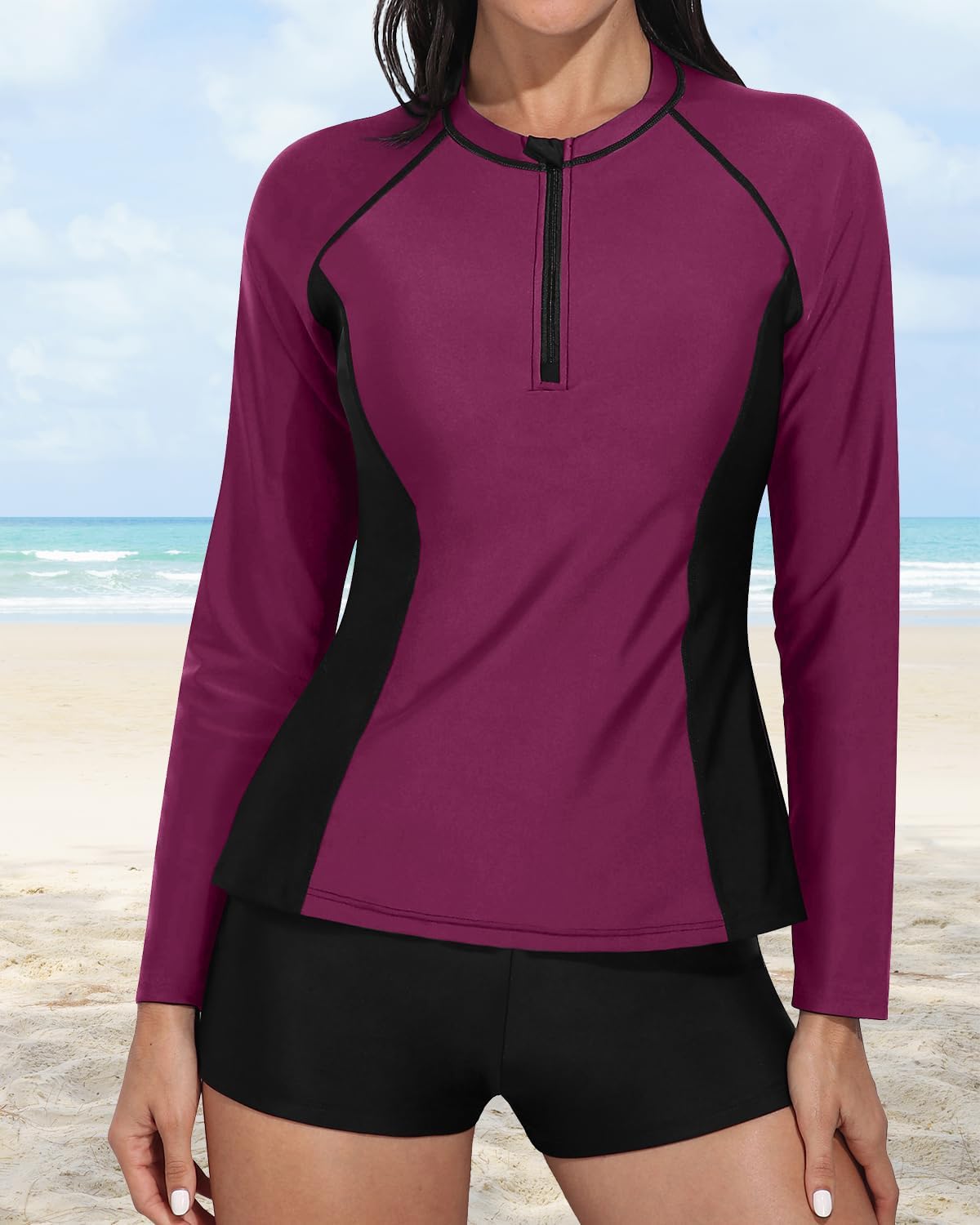 Daci Women Long Sleeve Rash Guard 2 Piece with Boy Shorts Zipper Swimsuit UPF 50 Bathing Suit for Women (large)