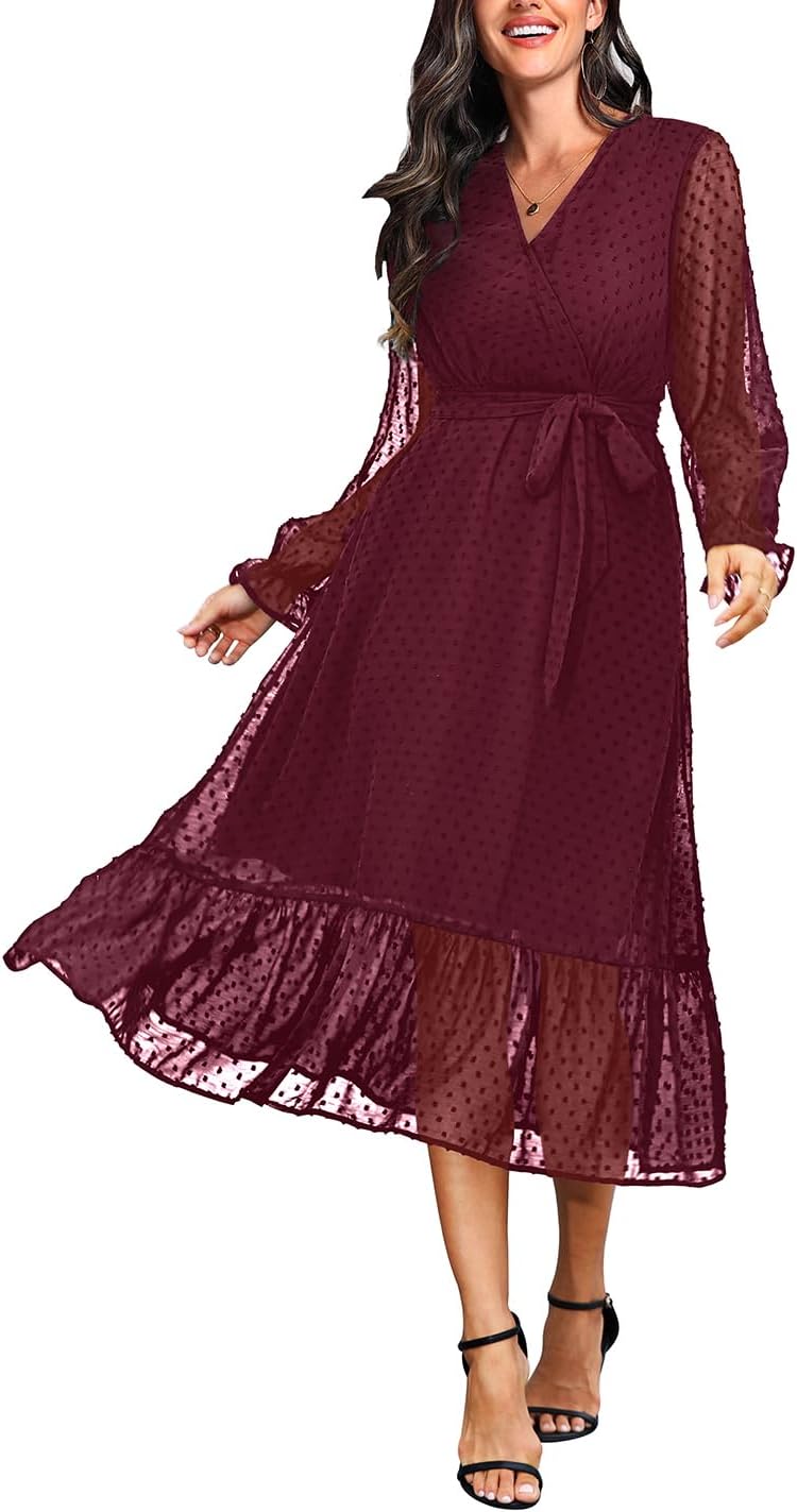 Women's Fall Long Sleeve Spring Dress Wrap V Neck Swiss Dot Casual A-Line Midi Dresses with Belt (large)