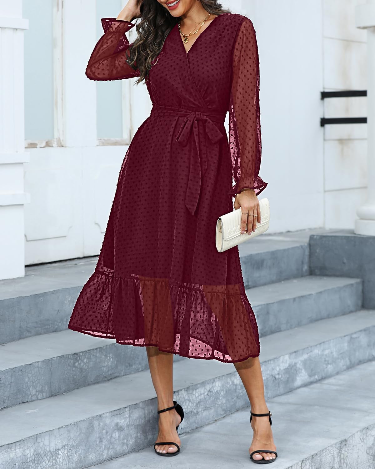 Women's Fall Long Sleeve Spring Dress Wrap V Neck Swiss Dot Casual A-Line Midi Dresses with Belt (large)