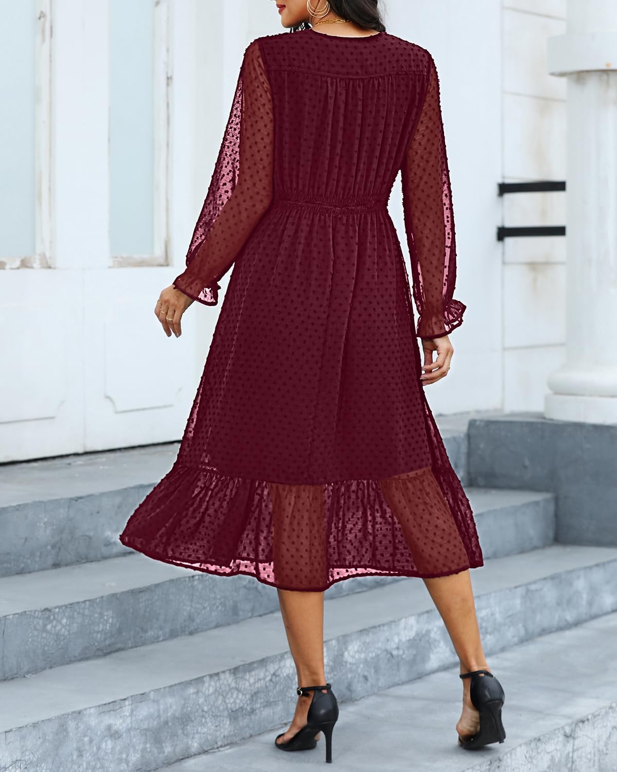 Women's Fall Long Sleeve Spring Dress Wrap V Neck Swiss Dot Casual A-Line Midi Dresses with Belt (large)