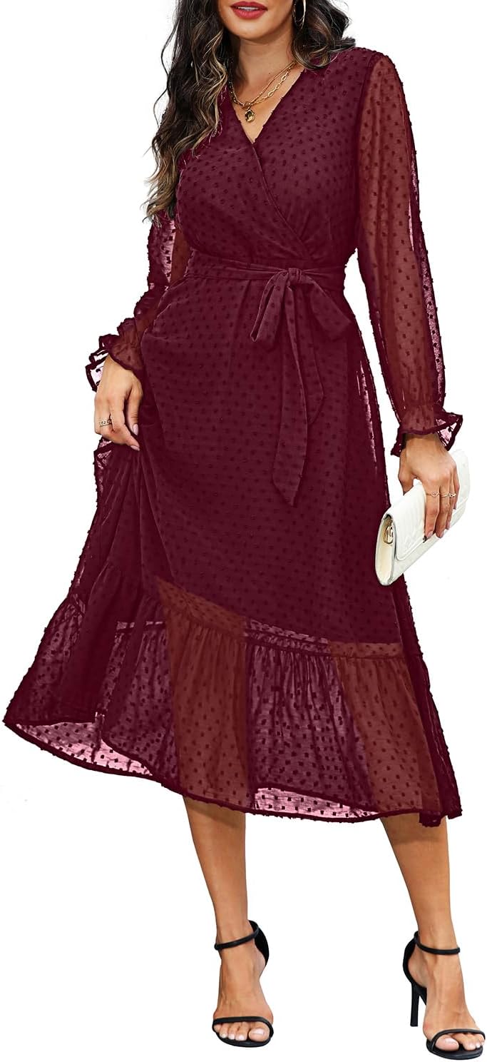 Women's Fall Long Sleeve Spring Dress Wrap V Neck Swiss Dot Casual A-Line Midi Dresses with Belt (large)