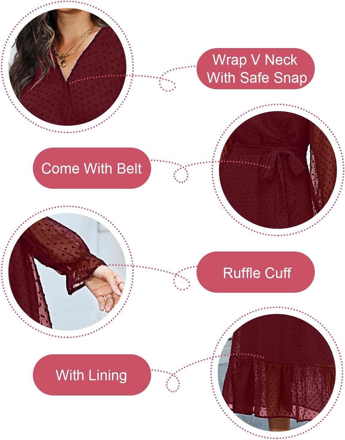 Women's Fall Long Sleeve Spring Dress Wrap V Neck Swiss Dot Casual A-Line Midi Dresses with Belt (large)