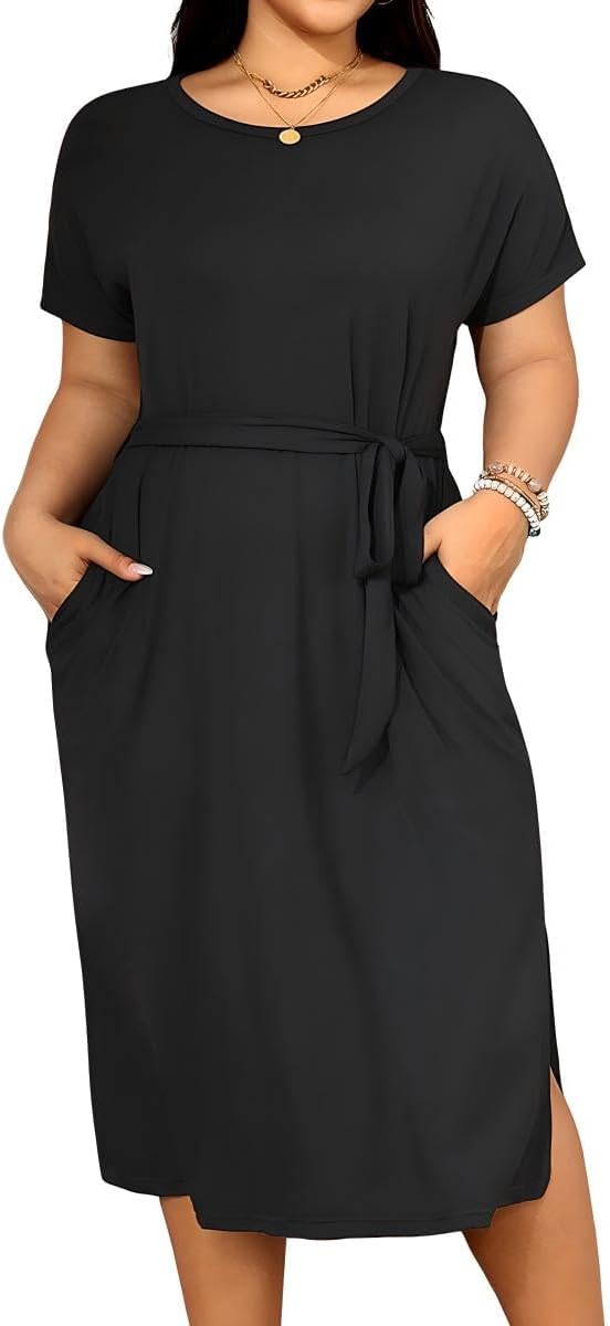 Holipick Plus Size Summer Dresses for Curvy Women Church Business Work Casual Party Tie Short Sleeves Midi Dress Pockets (size 26w)