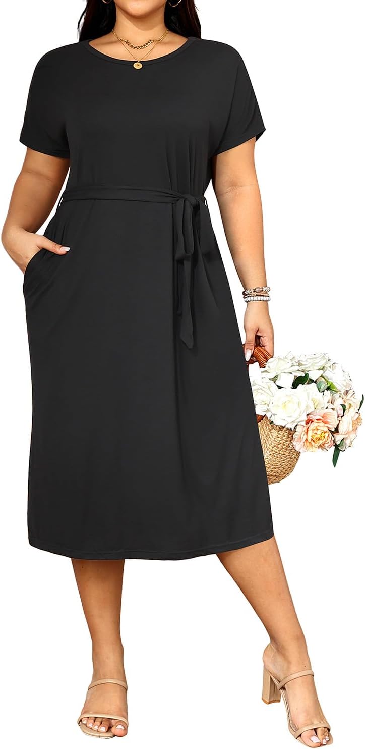 Holipick Plus Size Summer Dresses for Curvy Women Church Business Work Casual Party Tie Short Sleeves Midi Dress Pockets (size 26w)