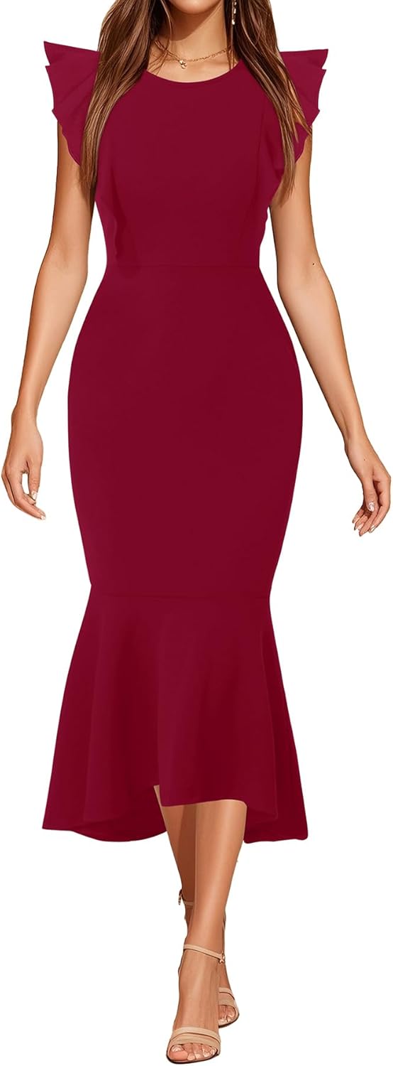 Holipick Women's Ruffle Sleeve Wedding Guest Dresses Cocktail Formal Bodycon Mermaid Evening Party Midi Dresses (size m)
