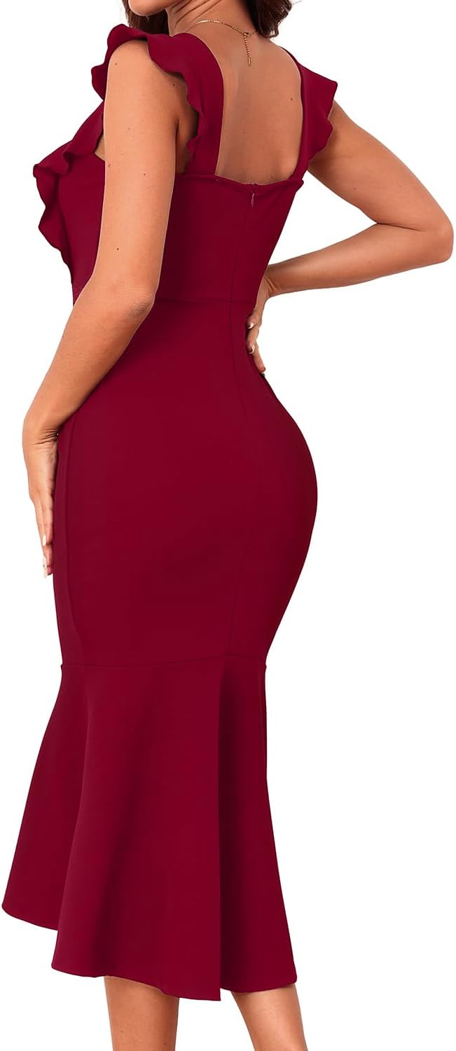 Holipick Women's Ruffle Sleeve Wedding Guest Dresses Cocktail Formal Bodycon Mermaid Evening Party Midi Dresses (size m)