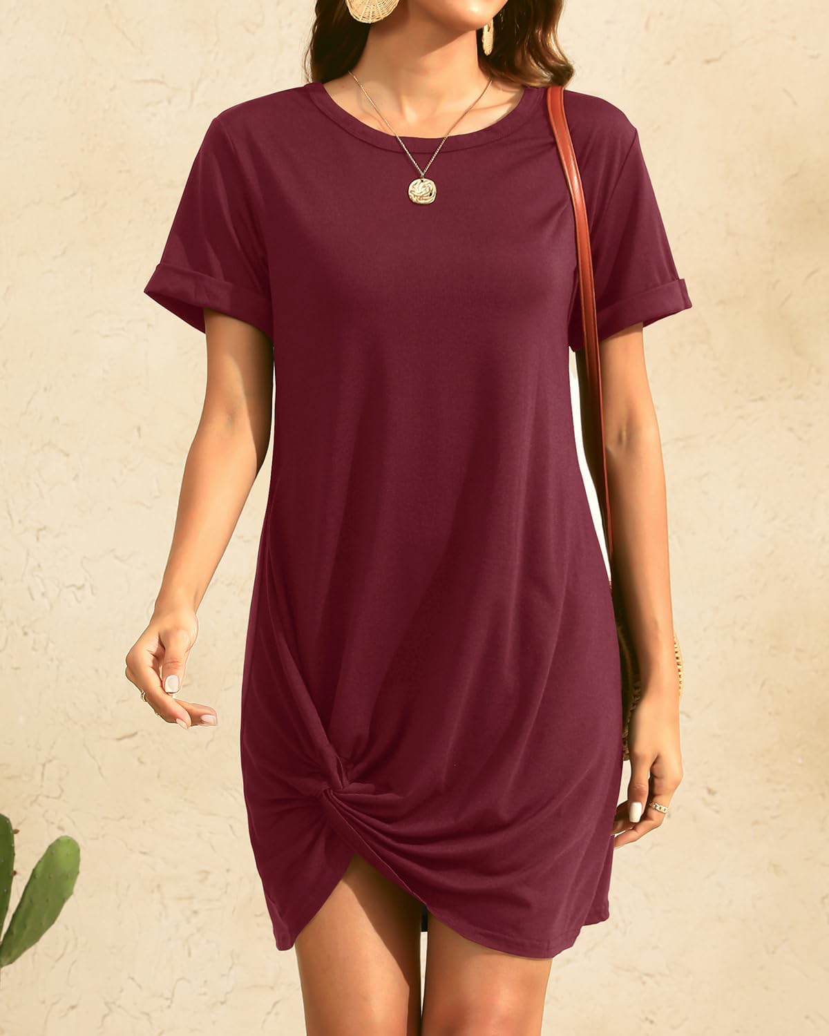 Holipick Casual Summer Dresses Women Twist Knot Front T Shirt Short Sleeve Loose Beach Cover Up Dress (size s)