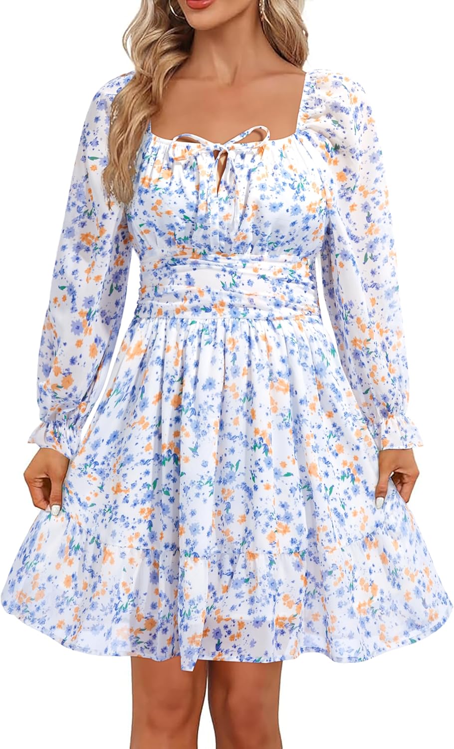 Holipick Long Sleeve Dress for Women Graduation Teen Homecoming Tie Back Square Neck Ruffle A-Line Casual Short Dresses (size l)