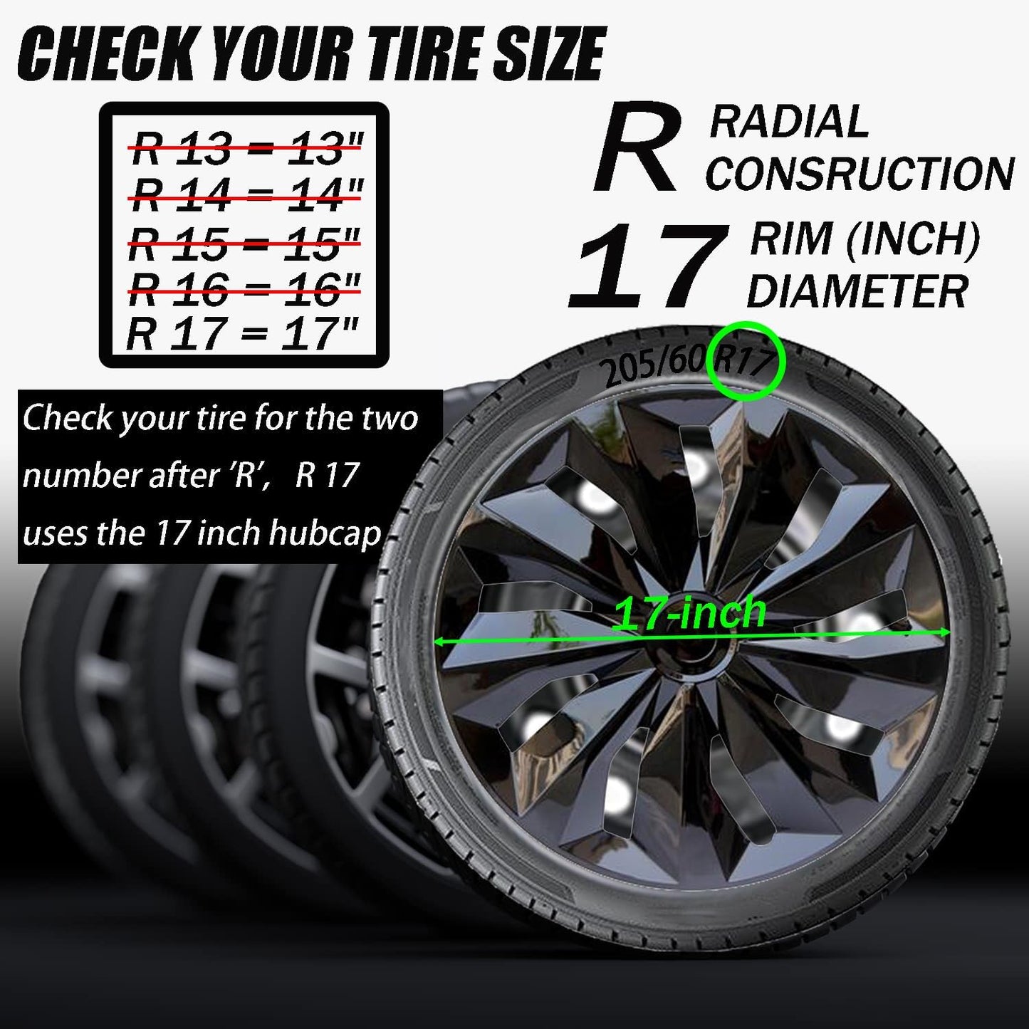 Hubcap Wheel Cover Replacement R17 Hub Caps Universal-Fit Steel Wheel Rim Cover ABS Material Exterior Accessories for Most Car Truck SUV -Set of 4（17-inch，Black）
