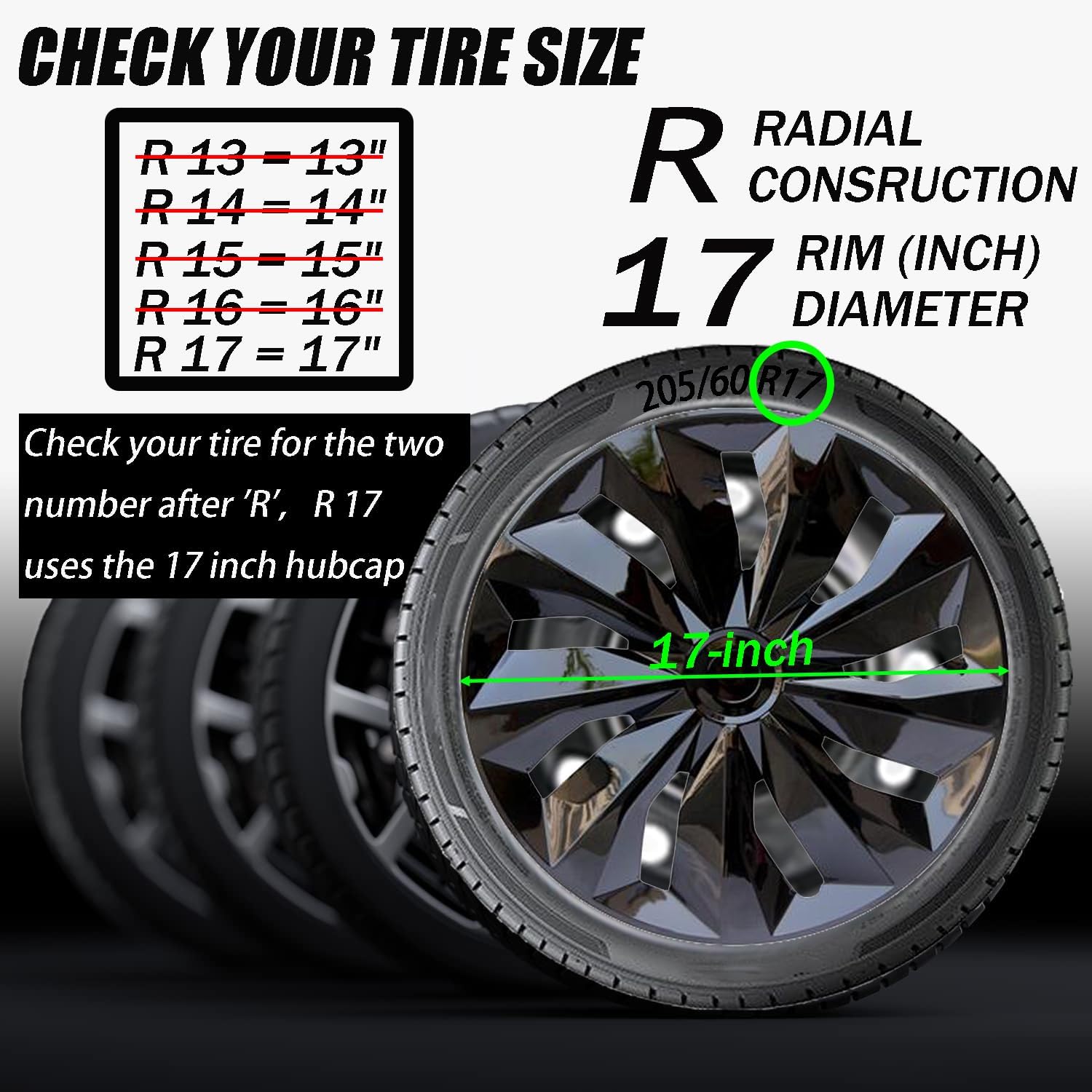 Hubcap Wheel Cover Replacement R17 Hub Caps Universal-Fit Steel Wheel Rim Cover ABS Material Exterior Accessories for Most Car Truck SUV -Set of 4（17-inch，Black）
