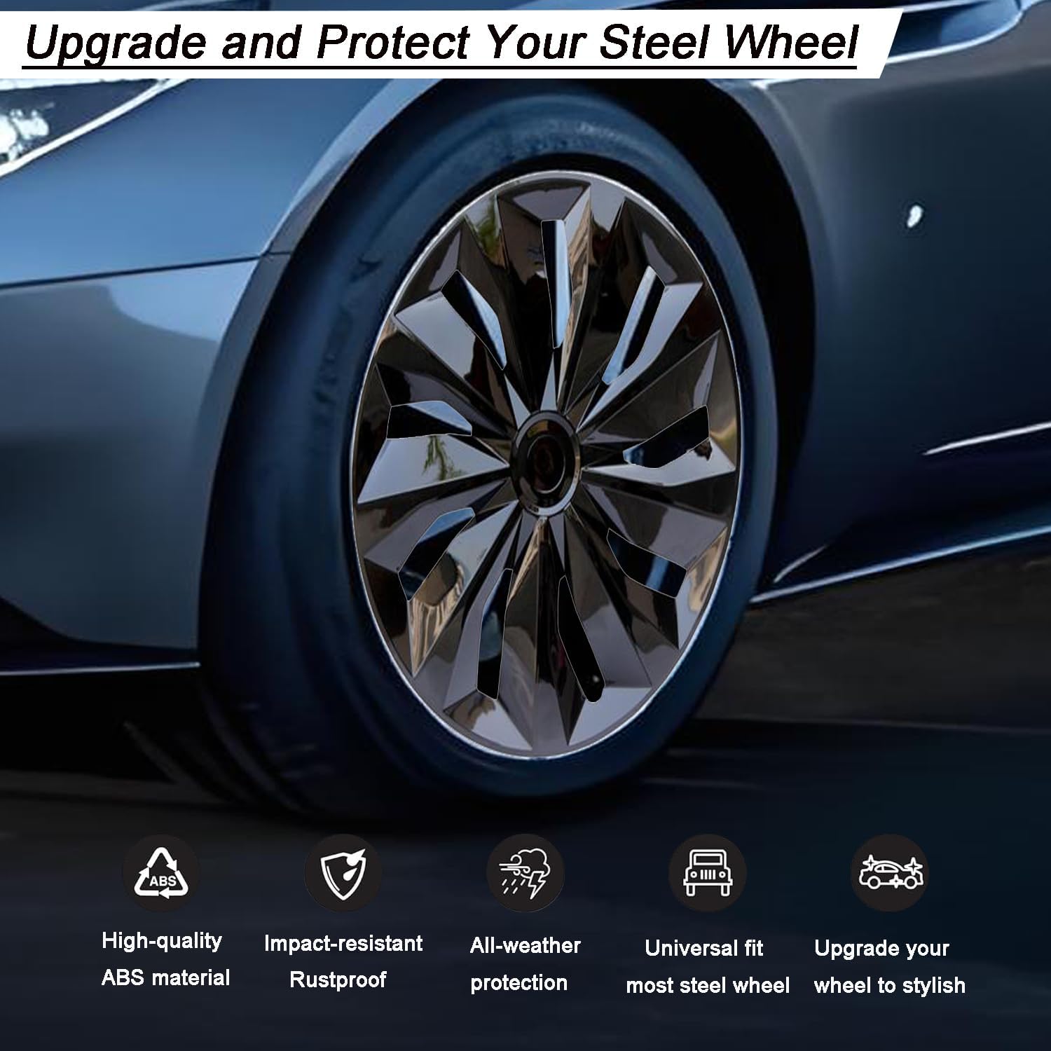 Hubcap Wheel Cover Replacement R17 Hub Caps Universal-Fit Steel Wheel Rim Cover ABS Material Exterior Accessories for Most Car Truck SUV -Set of 4（17-inch，Black）