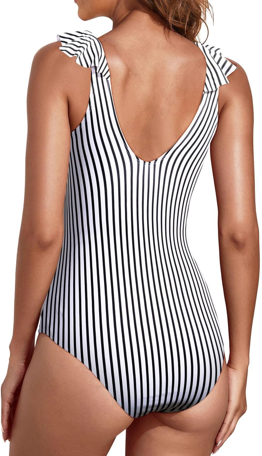 Aqua Eve Women One Piece Swimsuit Ruffle Tummy Control Bathing Suit V Neck Swimwear Black and White Stripes Medium (size m)