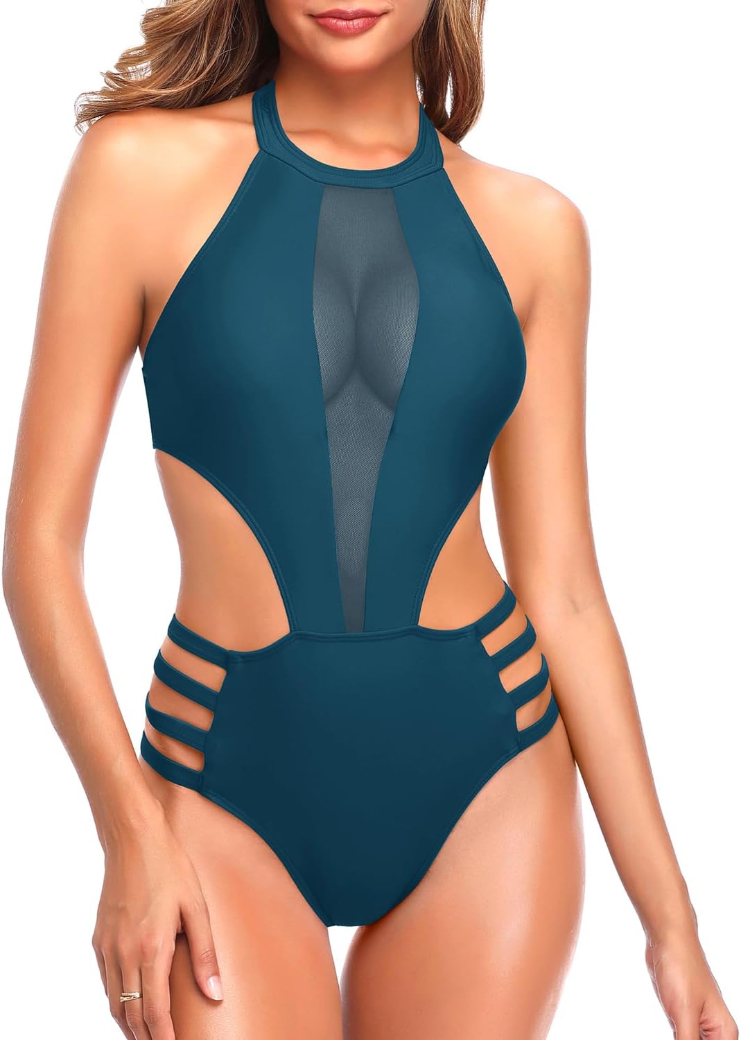 Tempt Me Women One Piece Sexy Mesh Swimsuit High Neck Halter Cutout Monokini Swimwear (size xl)