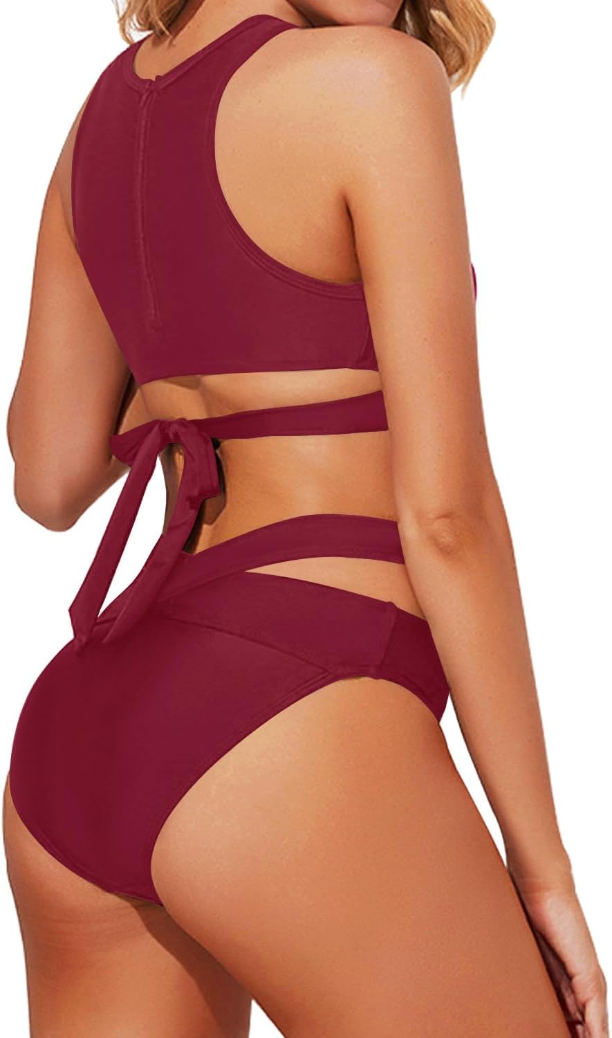 Tempt Me Women Two Piece High Neck Bikini Set Cutout Swimsuit Criss Cross Bandage Bathing Suit with Bottom (l)