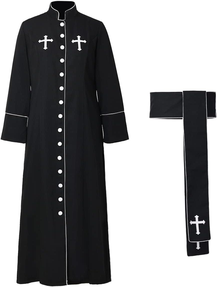 Catholic Church Clergy Priest Costume Women's Pastor Robe Roman Cassock with Stand Collar and Belt (size m)