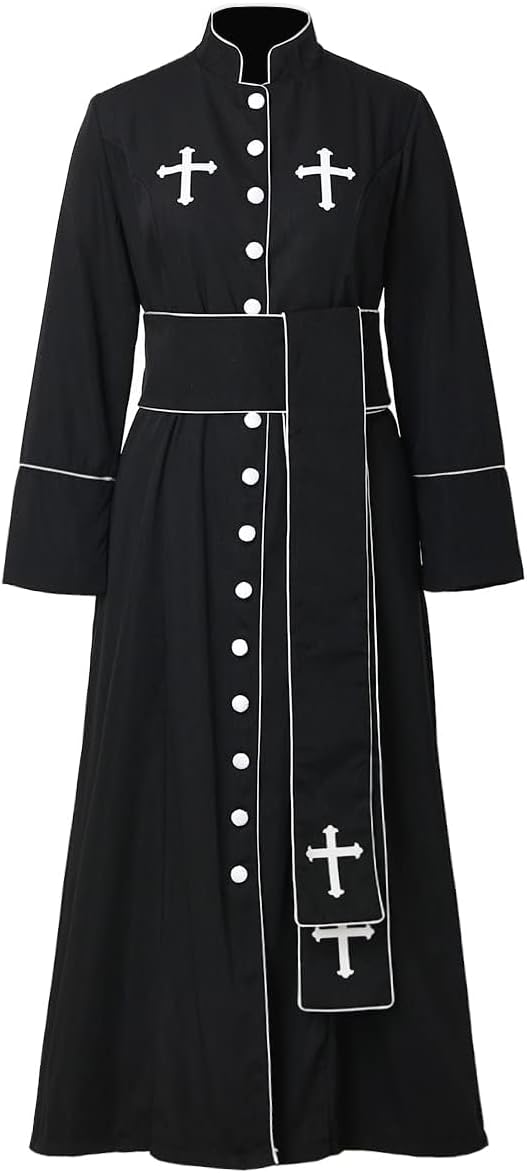 Catholic Church Clergy Priest Costume Women's Pastor Robe Roman Cassock with Stand Collar and Belt (size m)