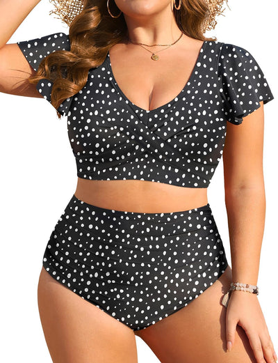 Plus Size Two Piece Swimsuits - High Waisted Bikini with Sleeves for Women Bathing Suit Swimwear Black and White Dot 22 Plus (22w)