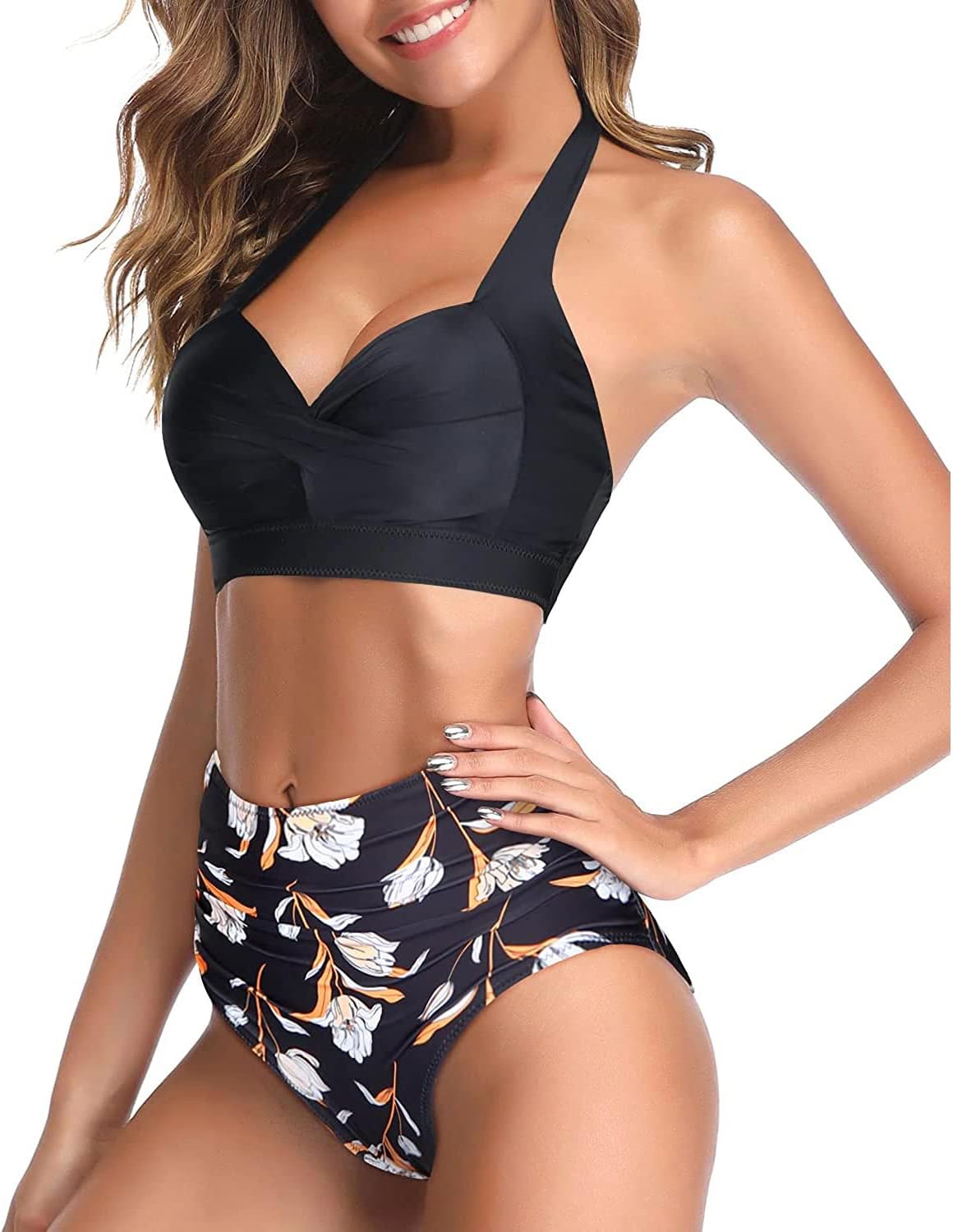 Tempt Me Women Two Piece Vintage Swimsuit Retro Halter Ruched High Waist Bikini with Bottom (s)