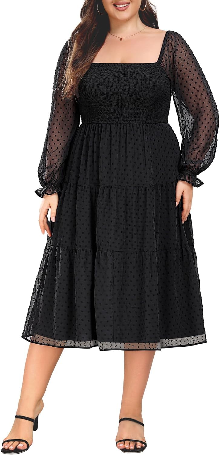 Women's Puff Sleeve Square Neck Mini Summer Sundress Chiffon Swiss Dot Flowy Smocked Dress (18plus)