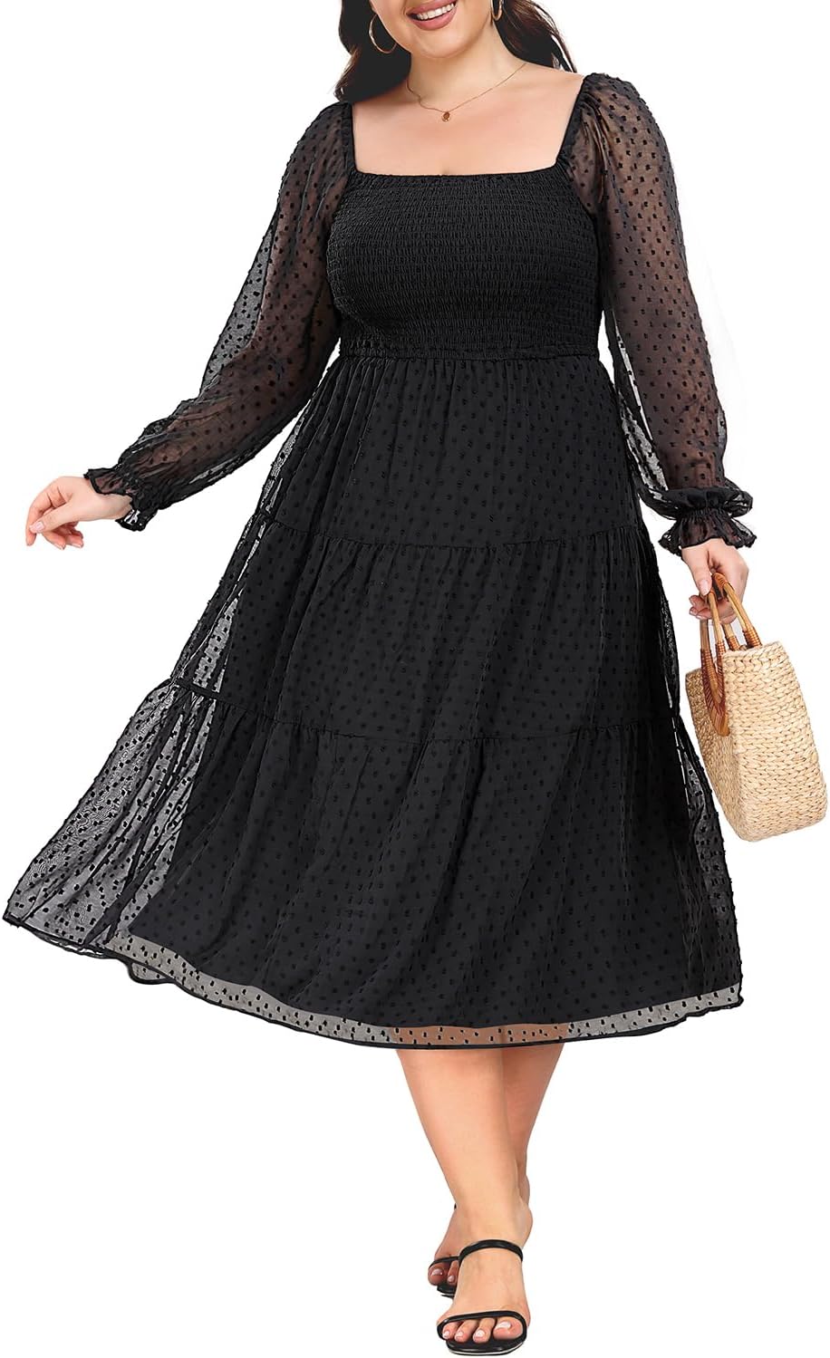 Women's Puff Sleeve Square Neck Mini Summer Sundress Chiffon Swiss Dot Flowy Smocked Dress (18plus)