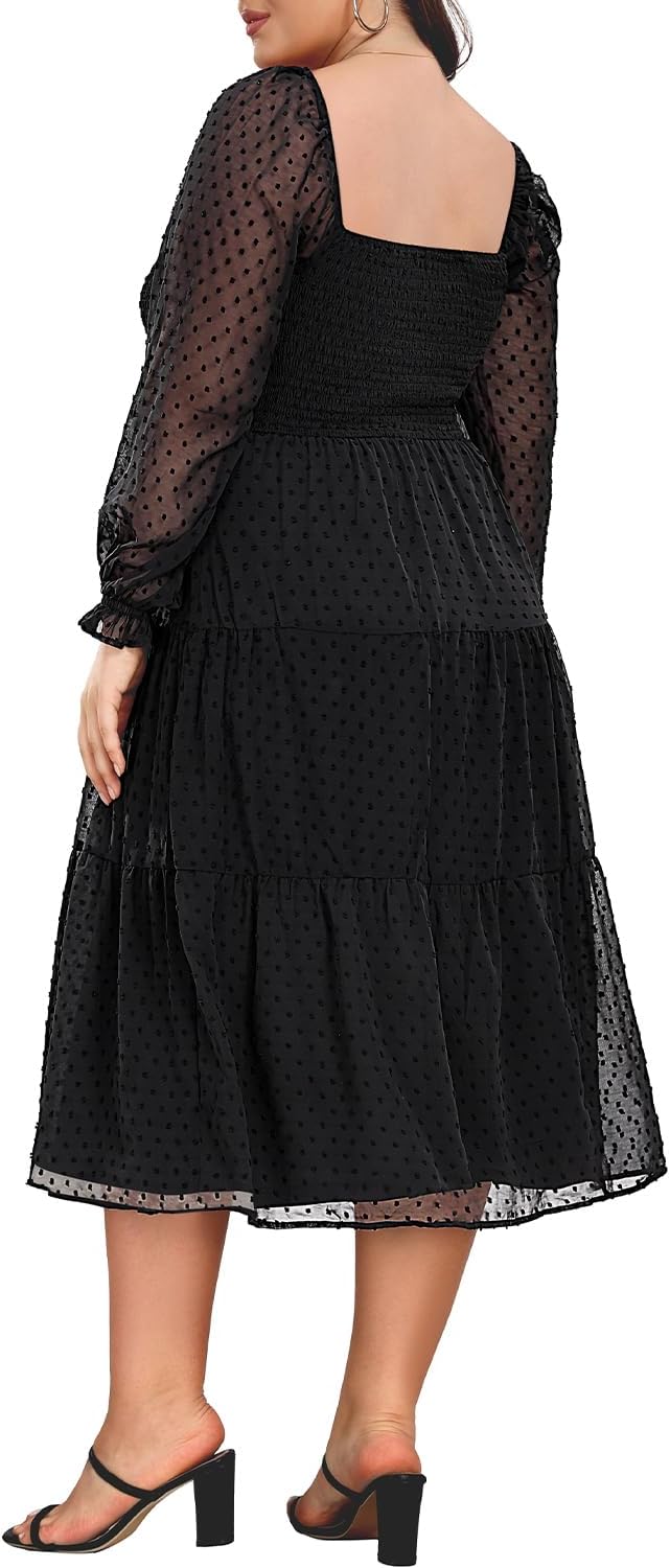 Women's Puff Sleeve Square Neck Mini Summer Sundress Chiffon Swiss Dot Flowy Smocked Dress (18plus)