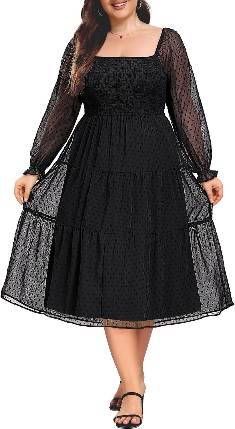 Women's Puff Sleeve Square Neck Mini Summer Sundress Chiffon Swiss Dot Flowy Smocked Dress (18plus)
