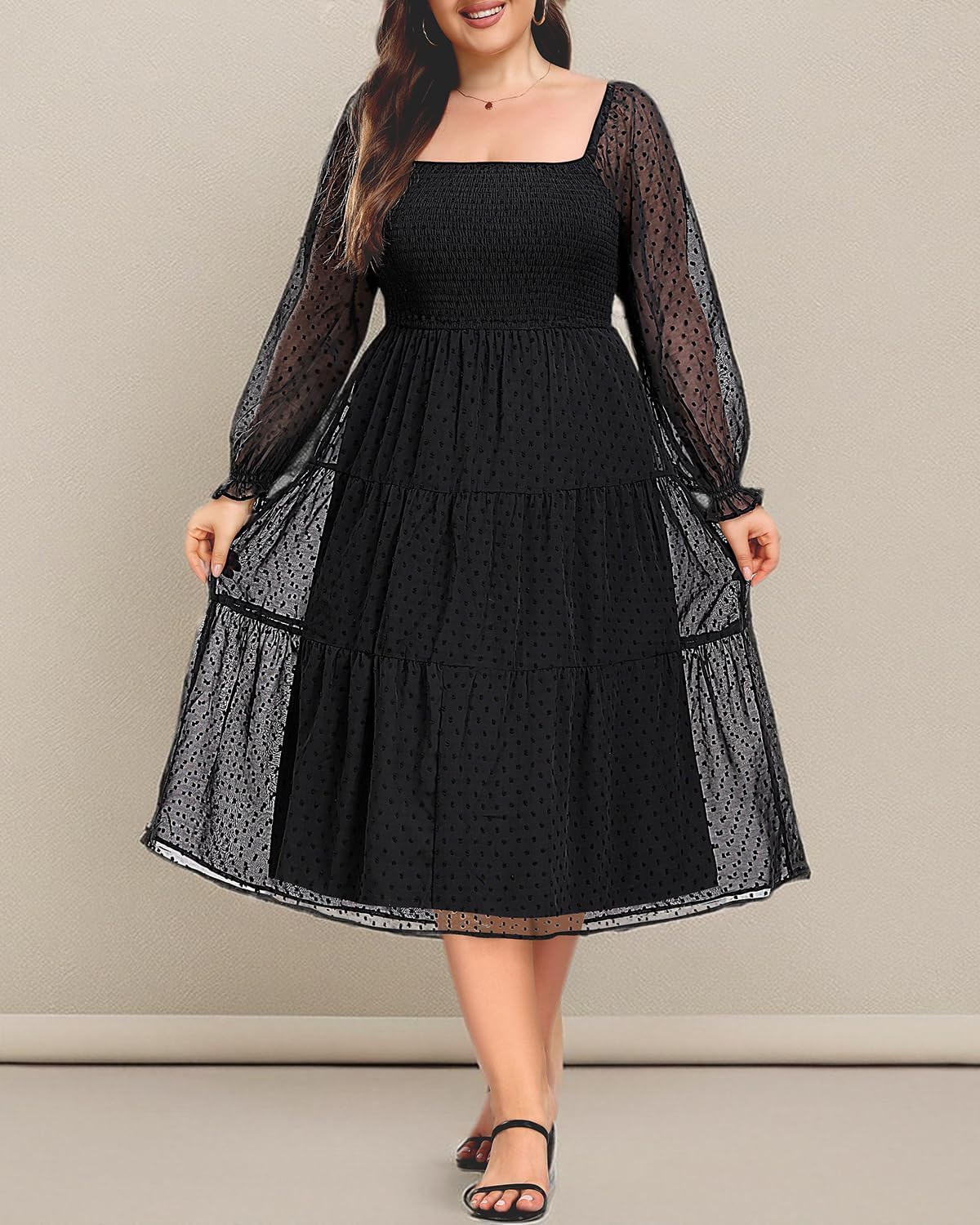 Women's Puff Sleeve Square Neck Mini Summer Sundress Chiffon Swiss Dot Flowy Smocked Dress (18plus)