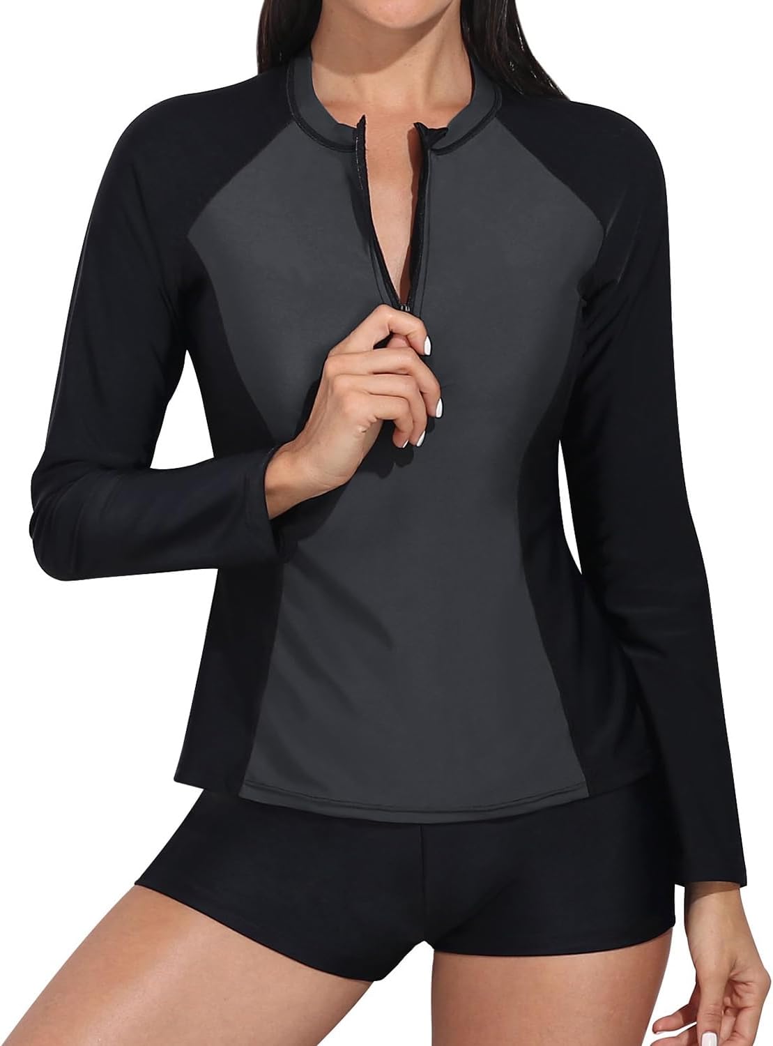 Daci Women Long Sleeve Rash Guard 2 Piece with Boy Shorts Zipper Swimsuit UPF 50 Bathing Suit for Women (2x grey)
