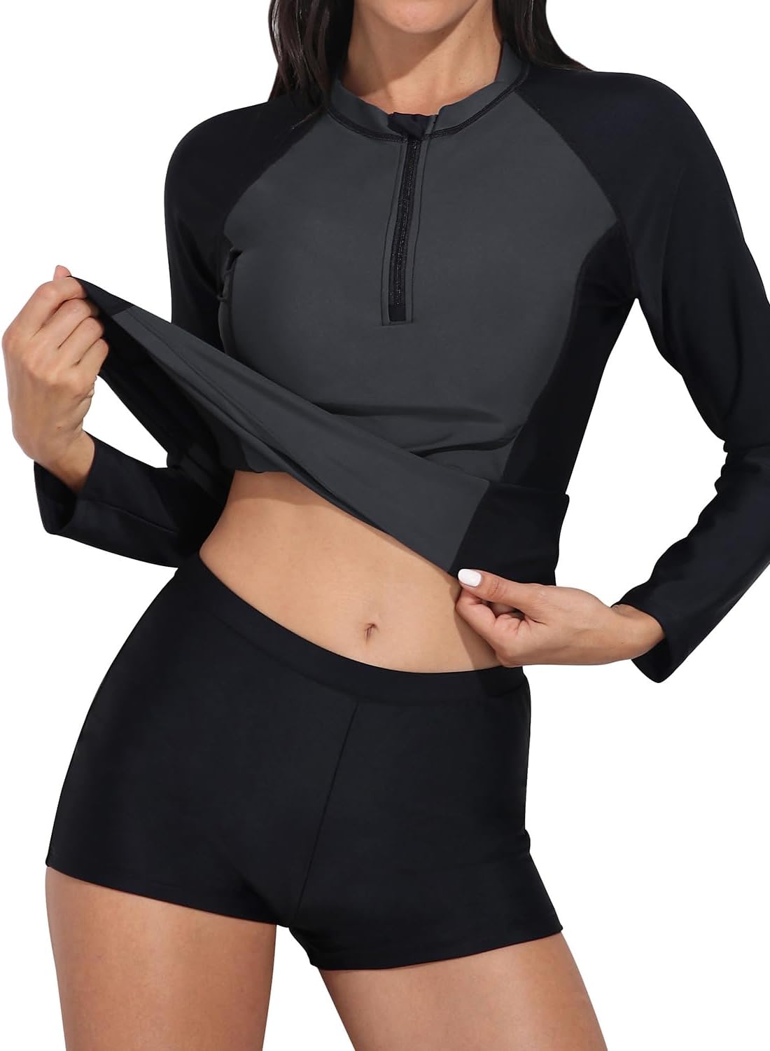 Daci Women Long Sleeve Rash Guard 2 Piece with Boy Shorts Zipper Swimsuit UPF 50 Bathing Suit for Women (2x grey)