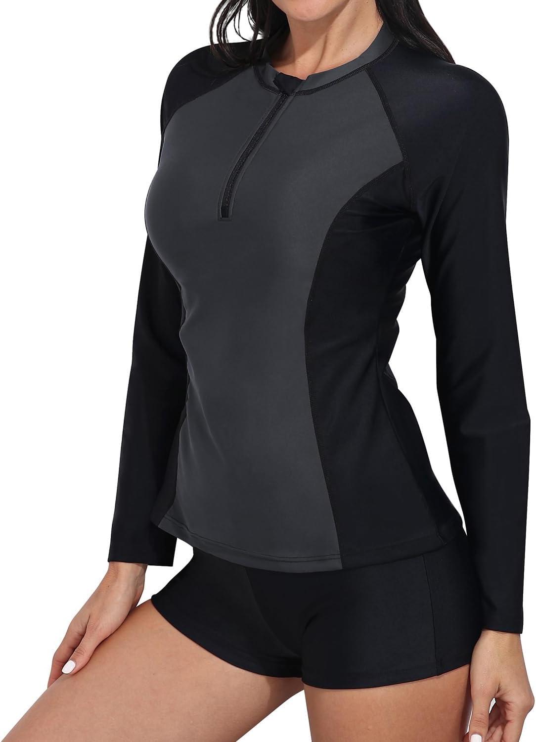 Daci Women Long Sleeve Rash Guard 2 Piece with Boy Shorts Zipper Swimsuit UPF 50 Bathing Suit for Women (2x grey)