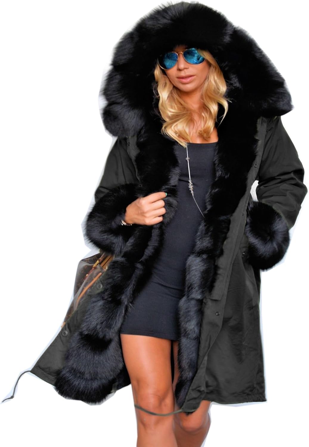 Roiii Women Thicken Warm Winter Coat Hood Down Parka Fleece Fur Outdoor Overcoat Long Jacket Outwear (#n/a)