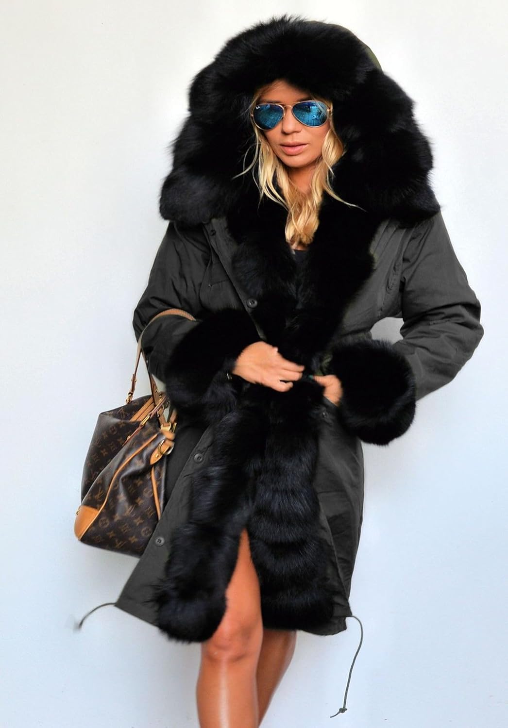Roiii Women Thicken Warm Winter Coat Hood Down Parka Fleece Fur Outdoor Overcoat Long Jacket Outwear (#n/a)