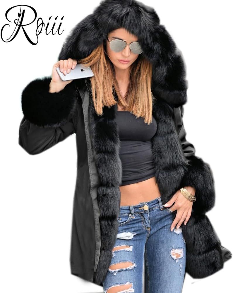 Roiii Women Thicken Warm Winter Coat Hood Down Parka Fleece Fur Outdoor Overcoat Long Jacket Outwear (#n/a)