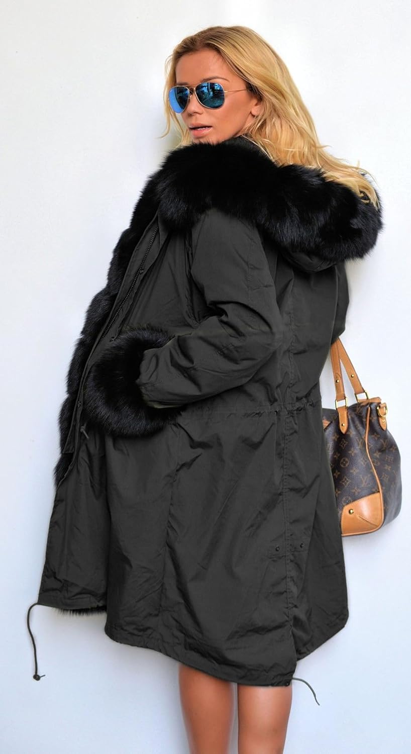 Roiii Women Thicken Warm Winter Coat Hood Down Parka Fleece Fur Outdoor Overcoat Long Jacket Outwear (#n/a)