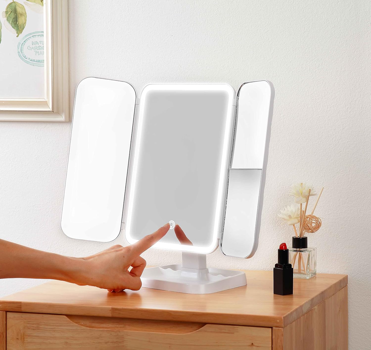 Miss Sweet Lighted Tri-fold Makeup Mirror Vanity Mirror with 1X/2X/3X Magnification (Pure White)