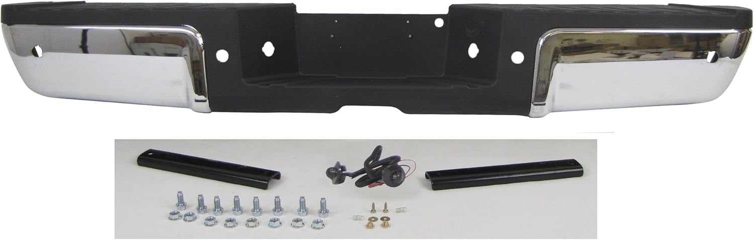 FITS 2013-2015 FORD SUPER DUTY REAR BUMPER CHROME ASSY WITH SENSOR HOLE (WITH HITCH, BLACK PAD, BRACKETS, LICENSE LIGHT LENS & HARNESS, SCREWS) FO1103150