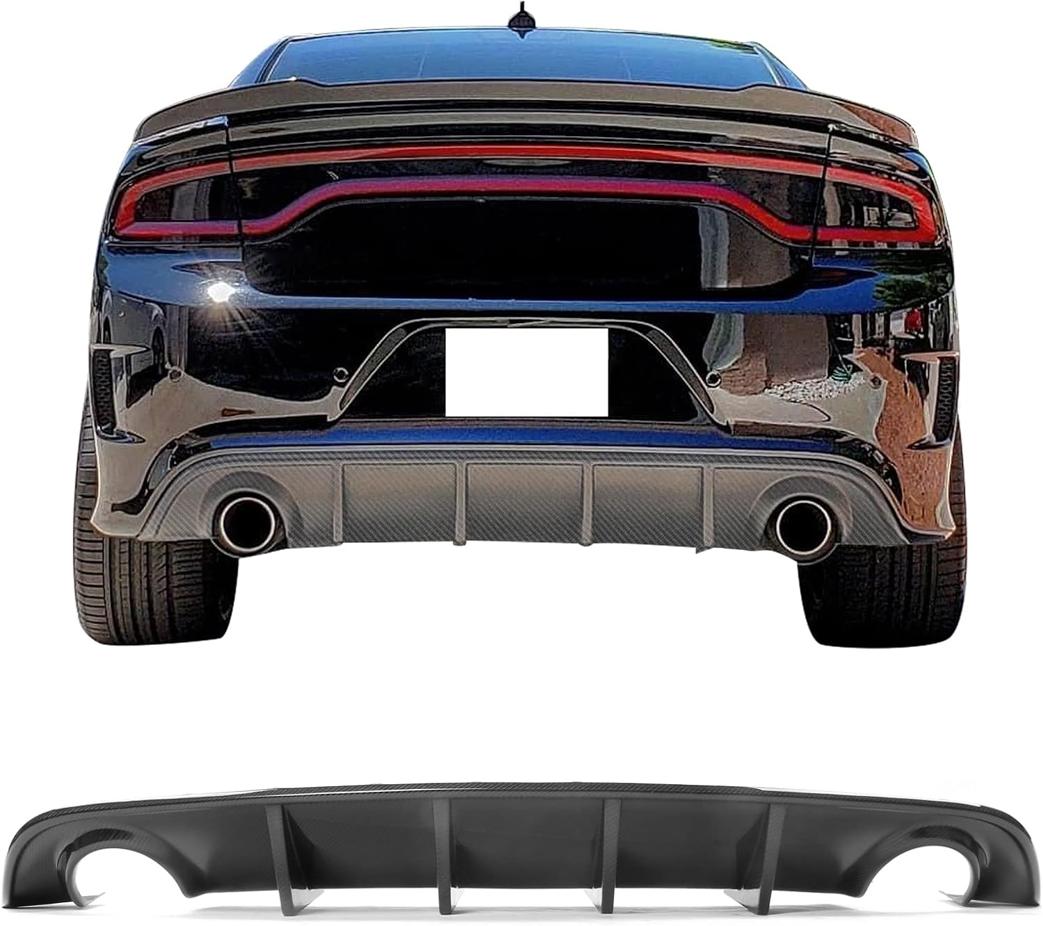 IKON MOTORSPORTS, Rear Diffuser Compatible with 2015-2023 Dodge Charger, Rear Lower Bumper Lip Diffuser Spoiler Bodykit IKON V3 Style CF Carbon Fiber, 2016 2017 2018 2019 2020 2021