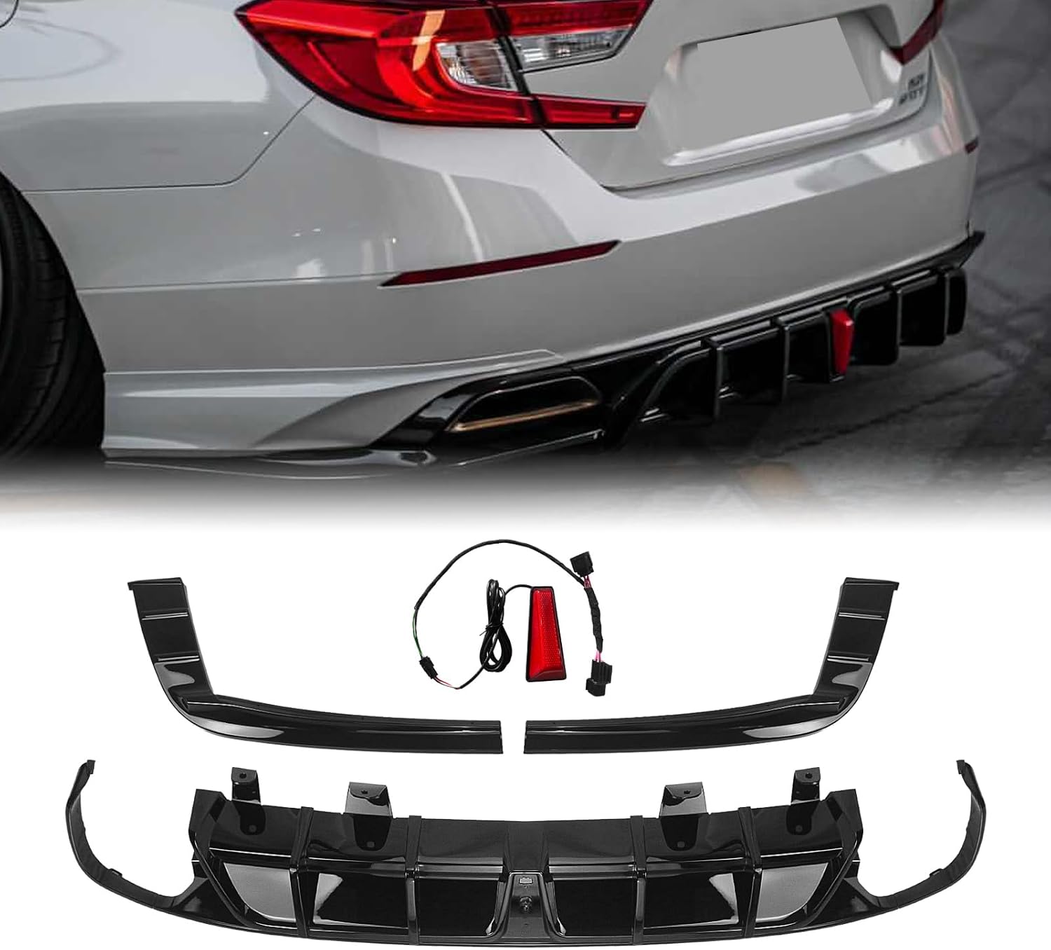 Rear Black Bumper Diffuser Lip Spoiler+Light for Honda Accord Yofer 2018-2022 Glossy Black