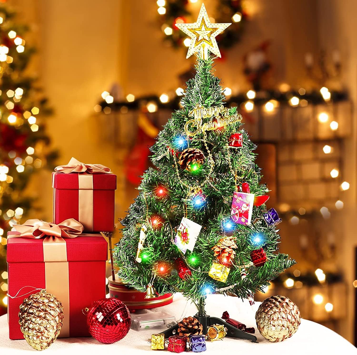 Mini Christmas Tree Artificial Small Christmas Tree with LED Lights Table Top Little 24" 60cm Decor Tabletop Xmas Tree Decorations
