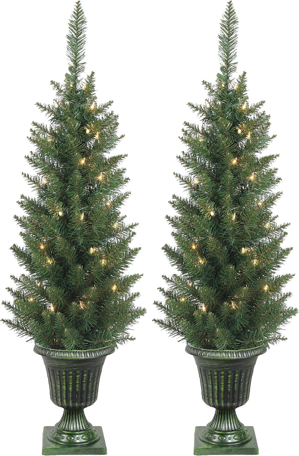 Set of 2 Lighted Pre-Potted 3.5 Foot Artificial Norway Pine Topiary Outdoor Indoor Trees - Set of 2 - Battery Operated with Timers