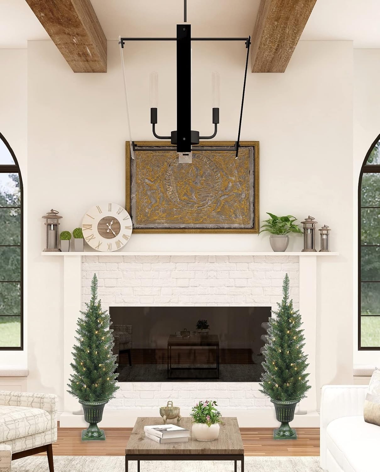 Set of 2 Lighted Pre-Potted 3.5 Foot Artificial Norway Pine Topiary Outdoor Indoor Trees - Set of 2 - Battery Operated with Timers