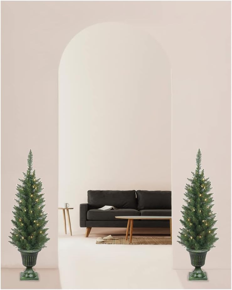 Set of 2 Lighted Pre-Potted 3.5 Foot Artificial Norway Pine Topiary Outdoor Indoor Trees - Set of 2 - Battery Operated with Timers