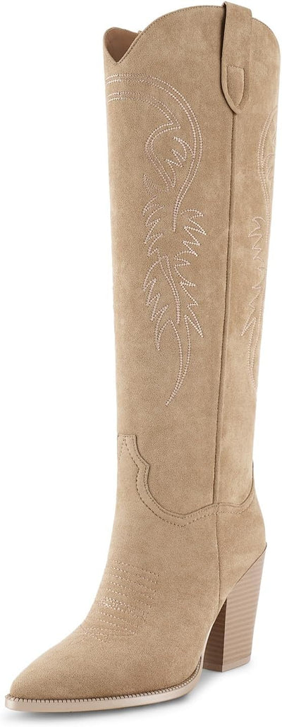 ISNOM Women's Cowgirl Boots Pull On Knee High Boots, Cowboy Western Embroidered Chunky Block Heel Pointed Toes Boots (size 8)