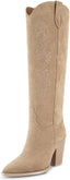 ISNOM Women's Cowgirl Boots Pull On Knee High Boots, Cowboy Western Embroidered Chunky Block Heel Pointed Toes Boots (size 8)