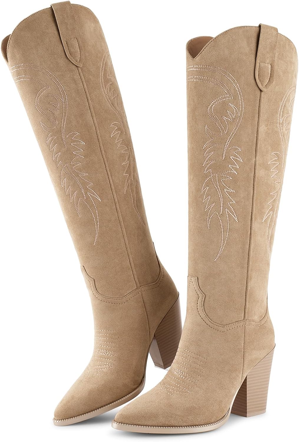 ISNOM Women's Cowgirl Boots Pull On Knee High Boots, Cowboy Western Embroidered Chunky Block Heel Pointed Toes Boots (size 8)
