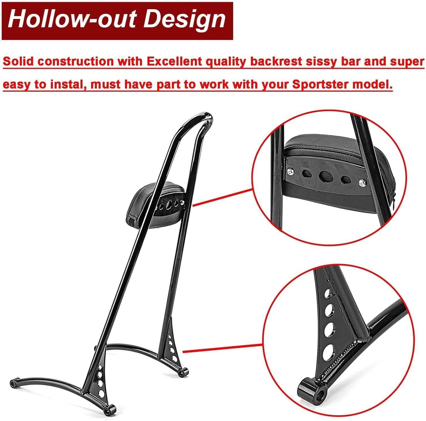 Dasen 23" Tall Sissy Bar, Passenger Backrest Triple Polished Compatible with Harley Sportster XL 883 1200 XL Models 2004-2023 Glossy Black