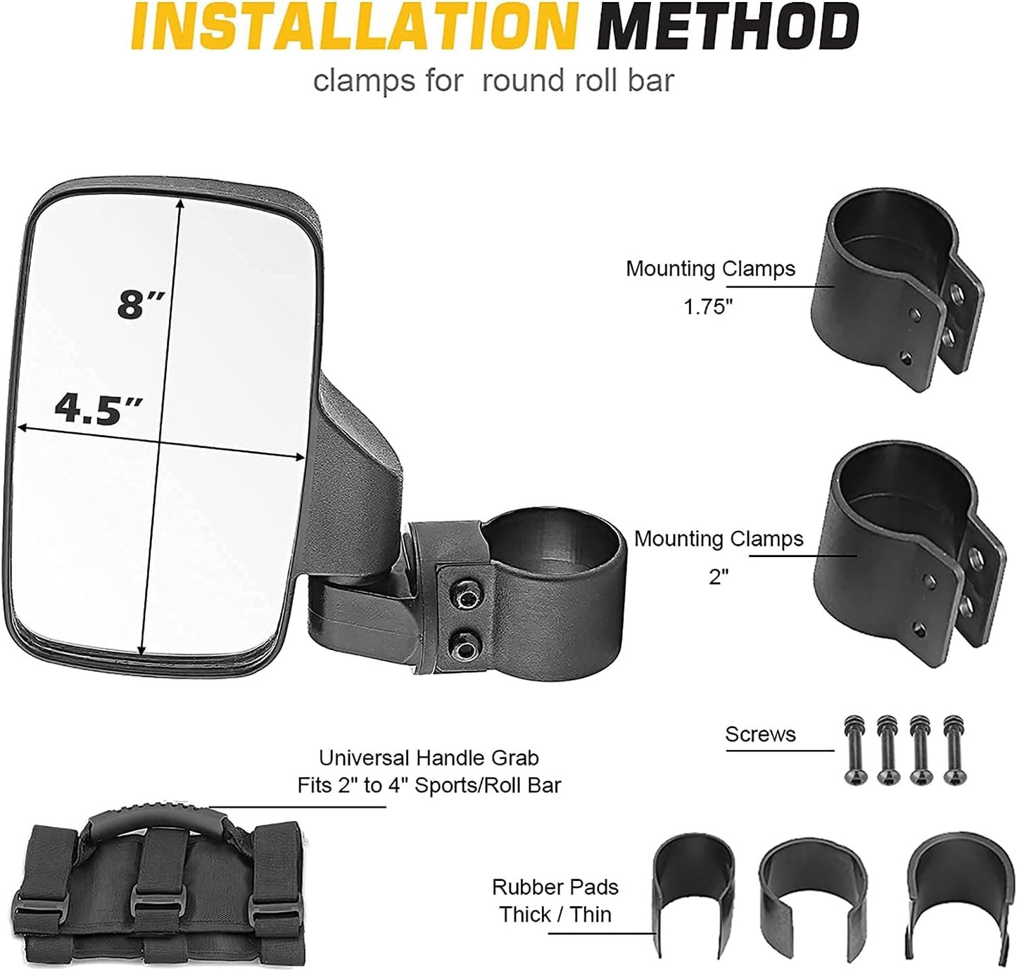 WSays 15" Wide Center View Mirror for 2" roll Bar & UTV Right Left Side…