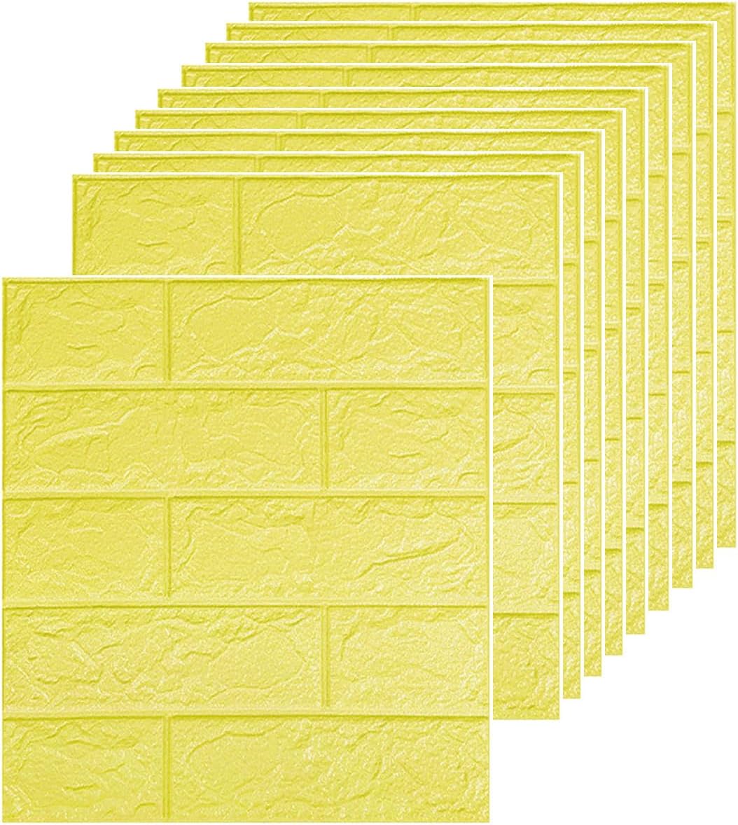 3D Wall Panels Peel and Stick Printable Faux Brick Wallpaper Sticker with Self-Adhesive Waterproof Foam for Interior Wall Decor, Bathroom, Home Decoration 10pcs (Yellow) (15 1/2 x 14” 100 count model may vary)