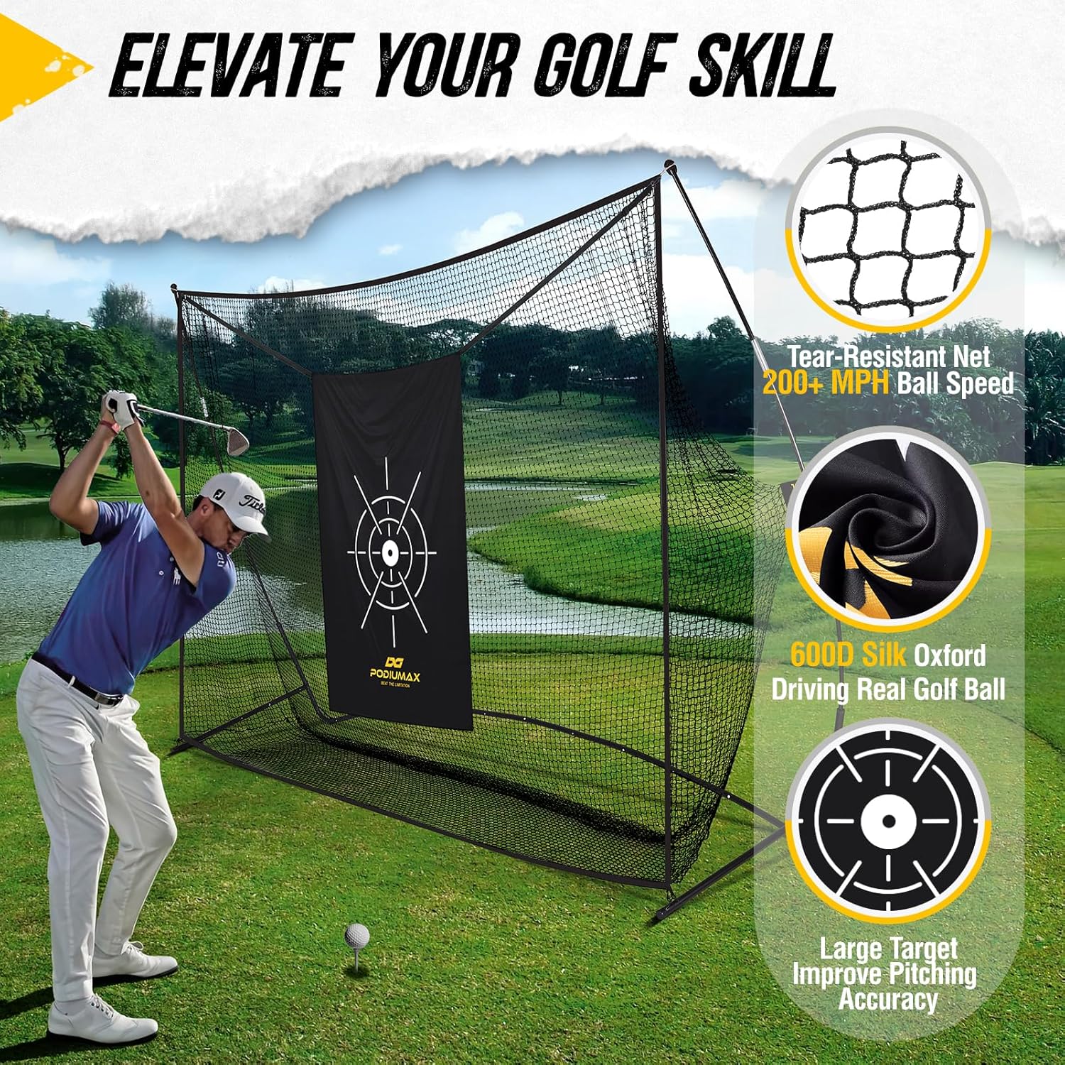 PodiuMax Golf Net, 10x7ft Golf Practice Net with Low Noise Silk Target, Hitting Nets for Backyard Garage Driving Real Balls, Improve Driving, Gift for Men & Golfers (similar model)